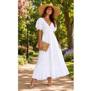 Vineyard Vines White Puff Sleeve Smocked Maxi Dress Cotton Poplin Victorian Sm